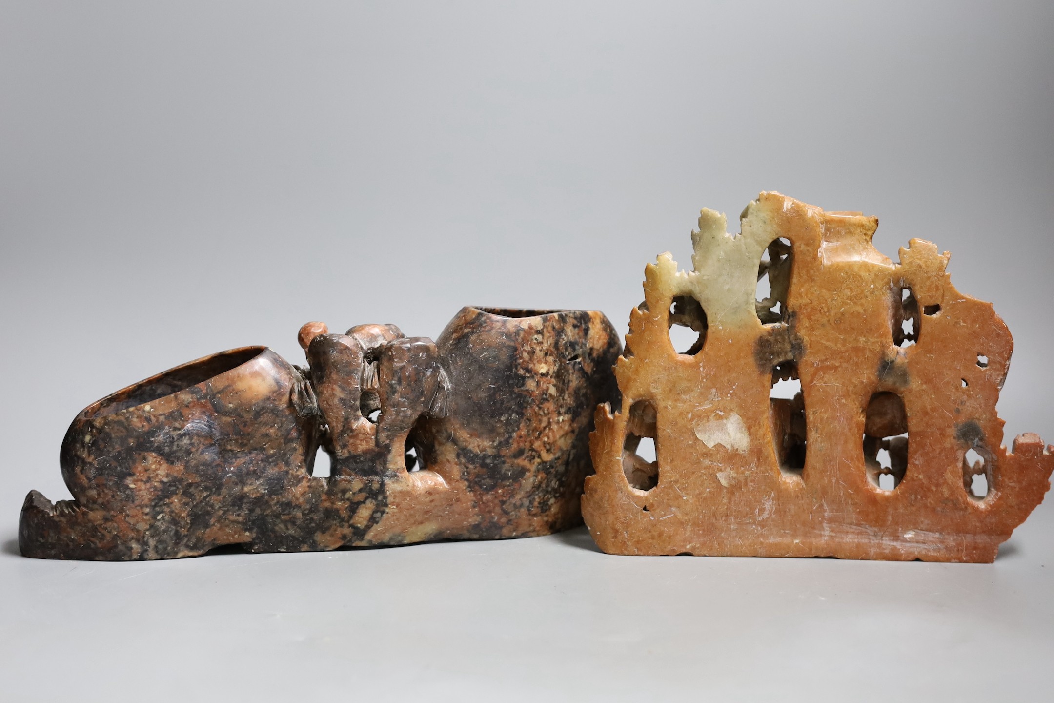 Two Chinese soapstone carvings, widest 29 cms